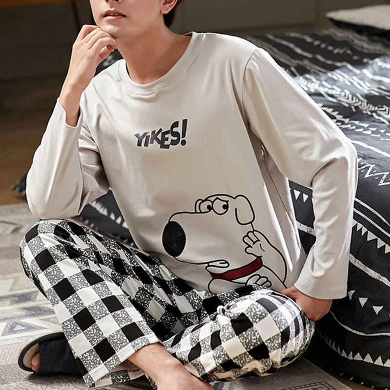 Conjunto de pijamas masculino de manga longa, pijama estampado fofo de desenho animado, roupa de dormir, nova roupa de dormir, primavera, outono, 2021