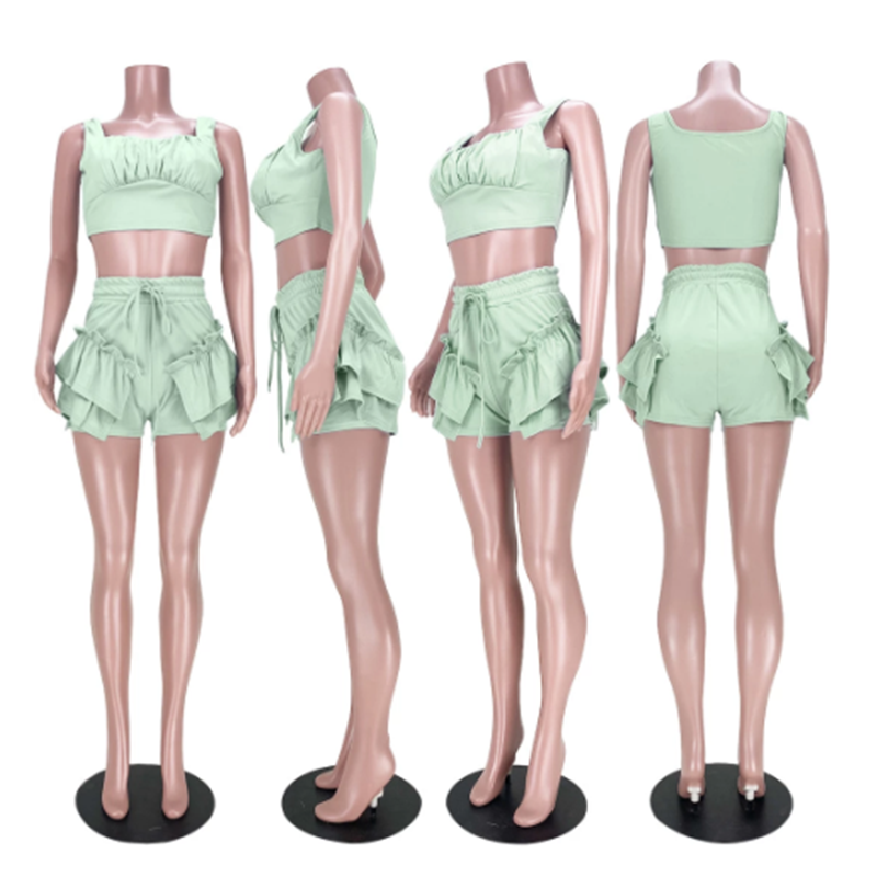 Ruffles Halter Crop Top + 반바지 세트 2 종 세트 여성 파티 클럽 의상 2021 Vacation Summer Clothes Femmer Streetwear