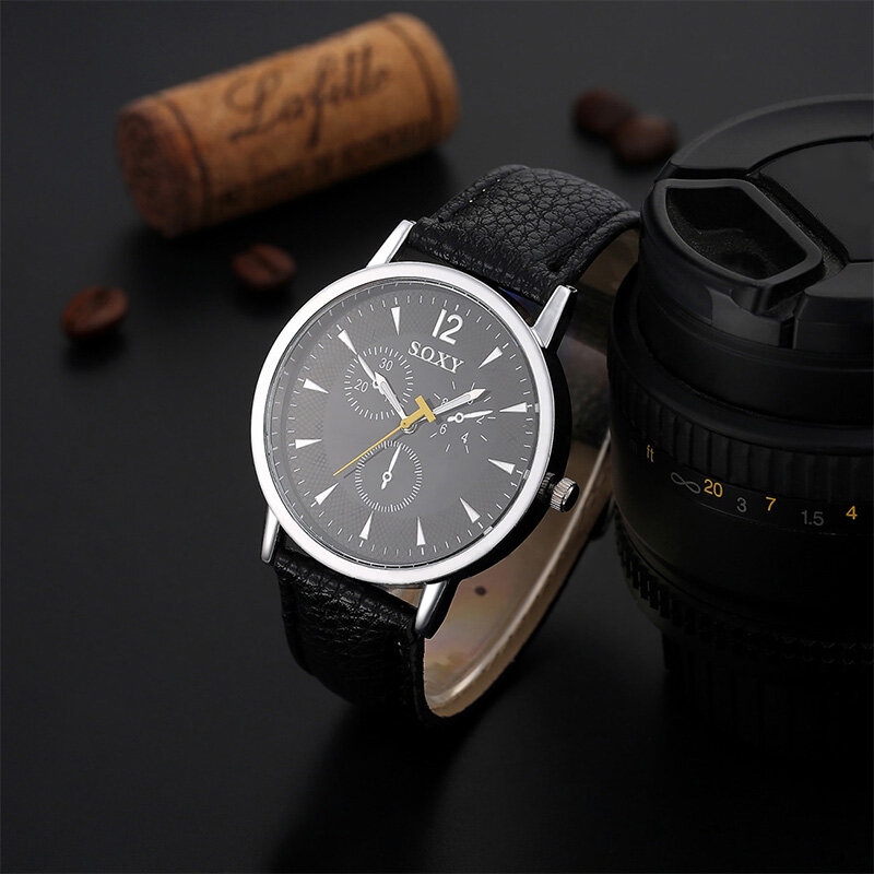 Marca de luxo soxy relógios clearance men boa qualidade moda tiras couro 3 cor dial relógio de pulso amarelo único segunda mão