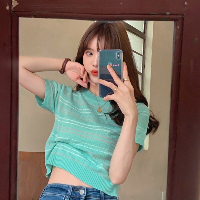 Sommer Koreanischen Stil 2021 Neue Slim Fit Abnehmen Dünn Gemischte Farbe Streifen Nette Jugend-Suchen Kurzarm Pullover Frauen der Top
