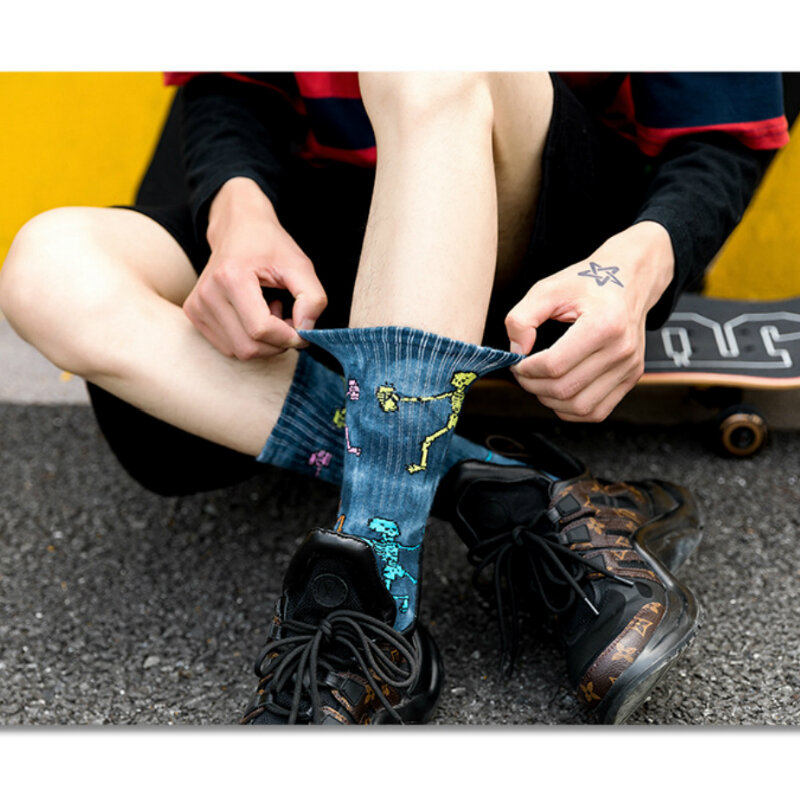 1Pair Crew Socks Casual Socks Cotton Thick Cartoon Bones Designs Mid Length Street Socks Sports Pile Up Sweat Absorb Tie-dyed