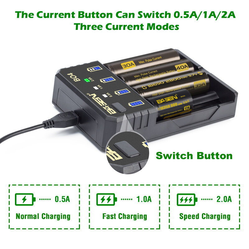 BASEN 18650 Chargeur de batterie pour 1.2V 3.7V 3.2V 18650 26650 21700 18350 AA AAA lithium batterie NiMH chargeur intelligent 5V 2A prise