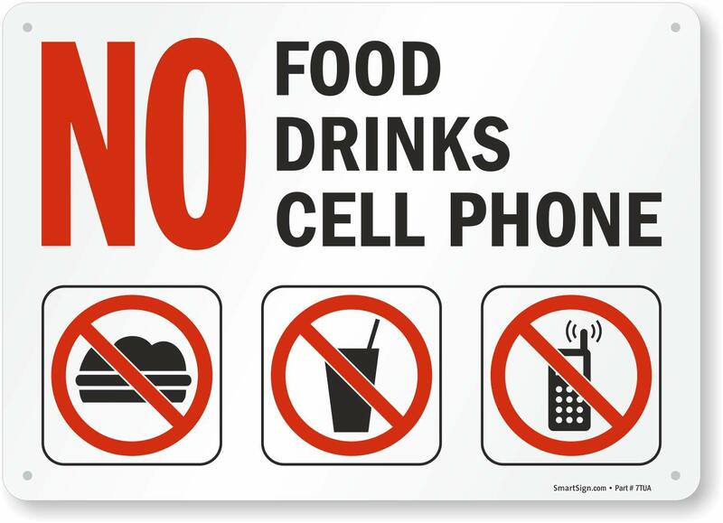 Пластиковый знак SmartSign «без еды, напитков», сотовый телефон | 8x12 дюймов