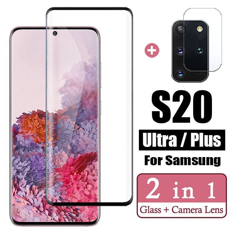 For Samsung Galaxy S20 Plus Ultra 2 in 1 Tempered Glass Curved Front Screen Protector and Camera Lens Glass Protectors HD