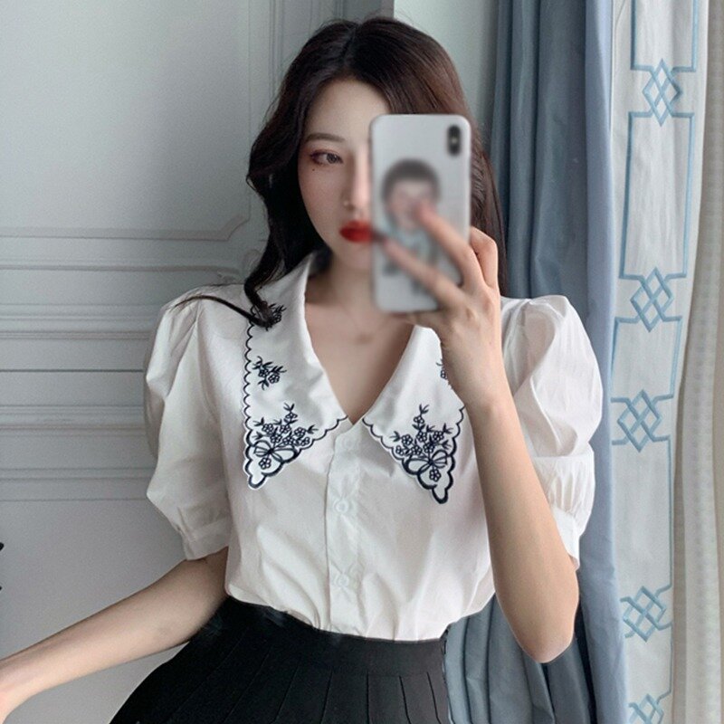 Zomer Koreaanse Blouses Tops Revers Korte Mouw Geborduurd Overhemd Blusas S1