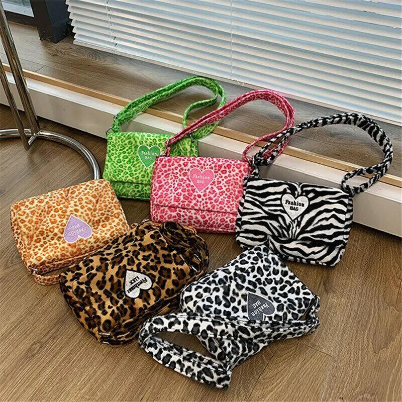 Faux Fur Flap Bag Animal Print Leopard Hand Bag Women Winter Warm Crossbody Bags Famous Brand Large Capacity Shoulder Bag