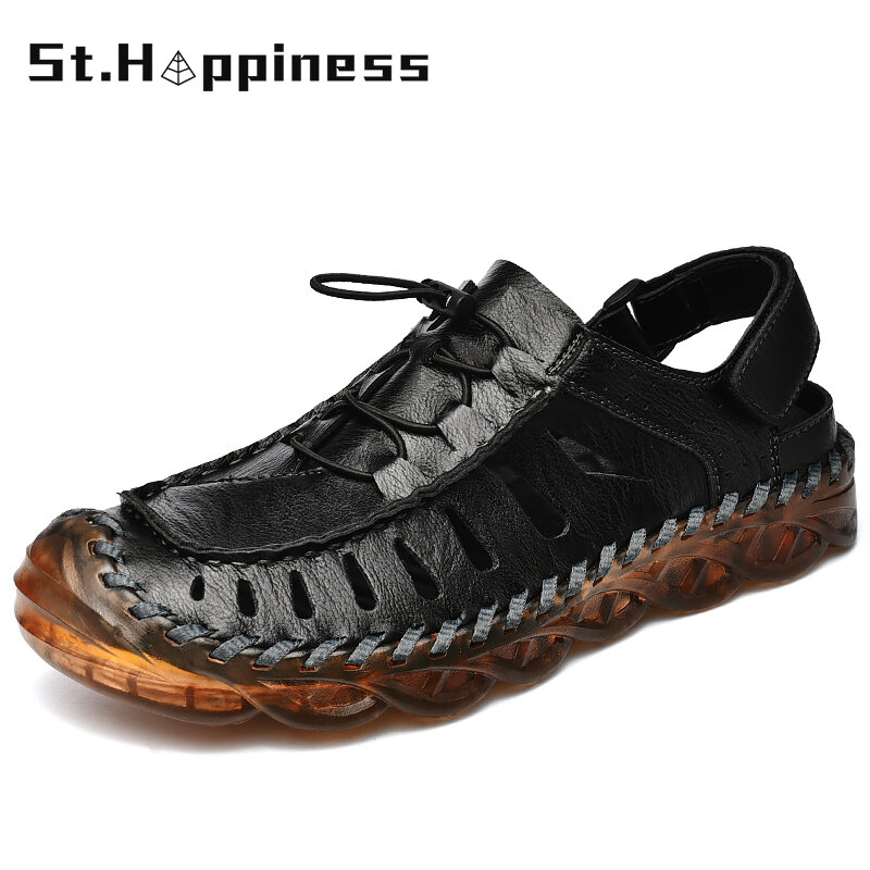 2021 Summer Men's Leather Sandals Fashion Breathable Lightweight Beach Sandals Outdoor Non-slip Soft Gladiator Sandals Big Size
