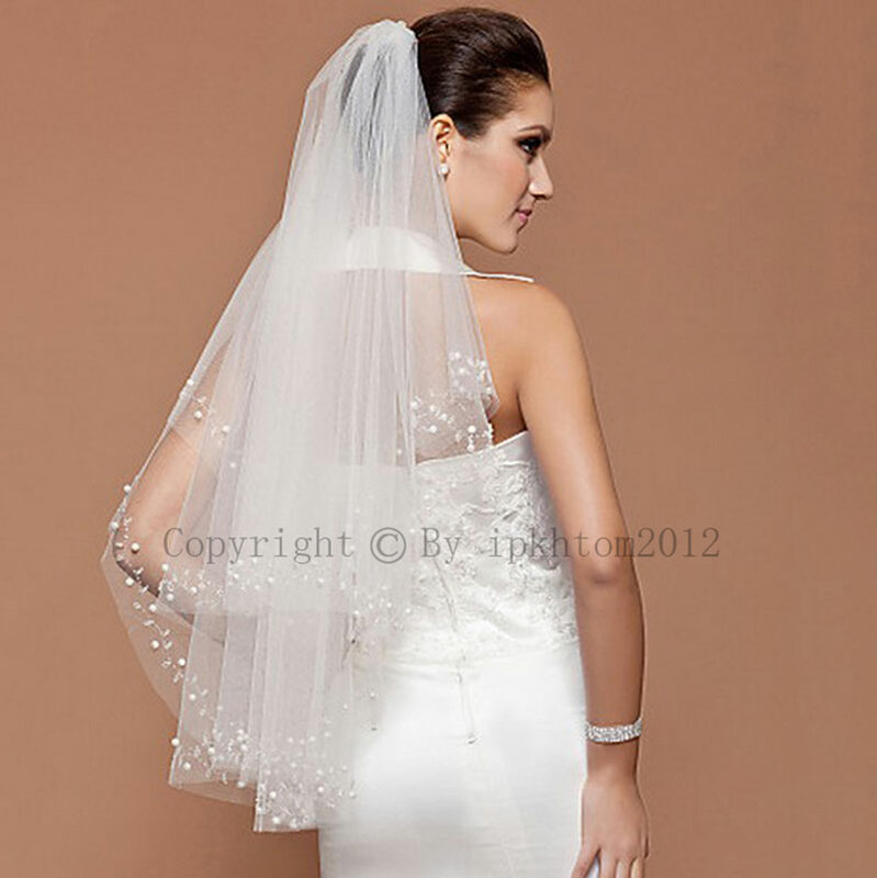 Voile de mariée perlé blanc 2 couches, accessoires de mariage avec peigne, vente en gros