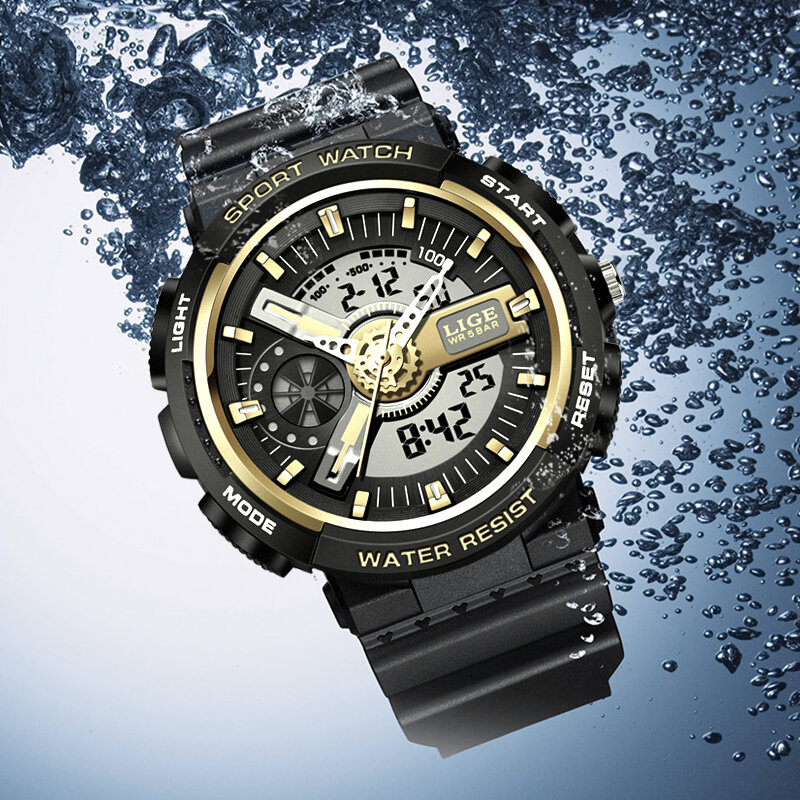 LIGE – montre de Sport pour hommes, double affichage numérique, Quartz, étanche, alarme, chronographe, marque de luxe, nouvelle collection 2021