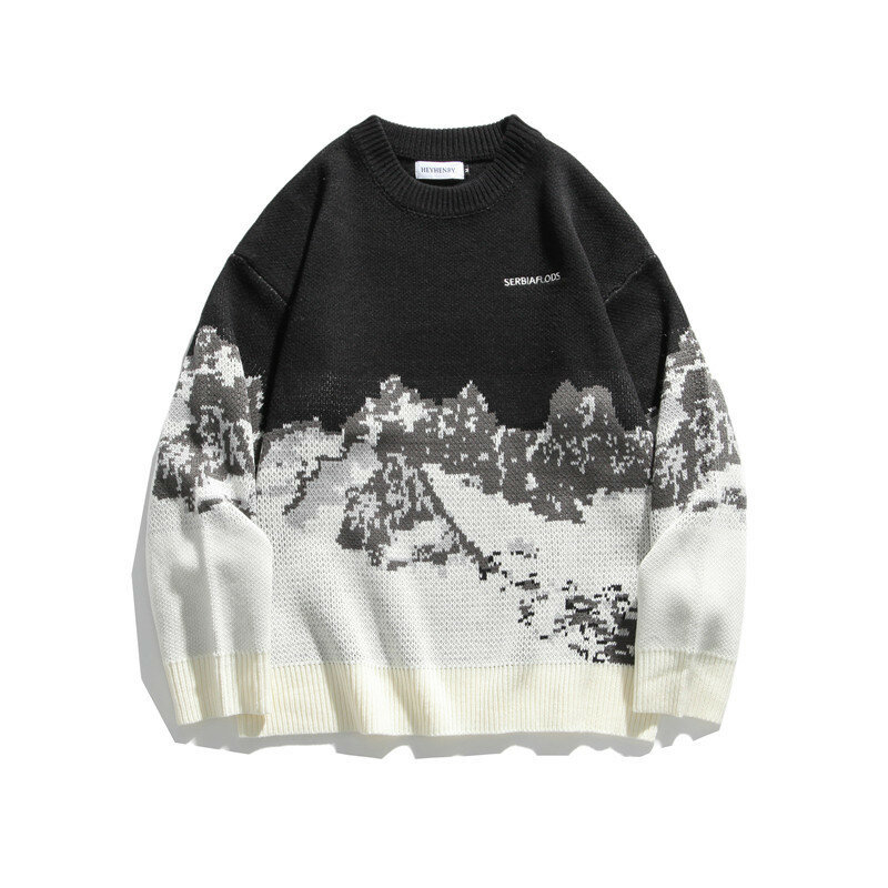 Snow Mountain Knitted Jumper Sweater Streetwears Mens Hip Hop Harajuku Pullover Knitwear Tops Fashion Unisex Loose Knit Outwear