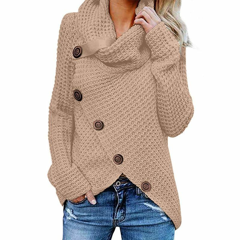 Womens Winter Autumn Long Sleeve Pullover Tops Turtleneck Oblique Buttons Waffle Knitted Irregular Hem Loose Sweatshirt