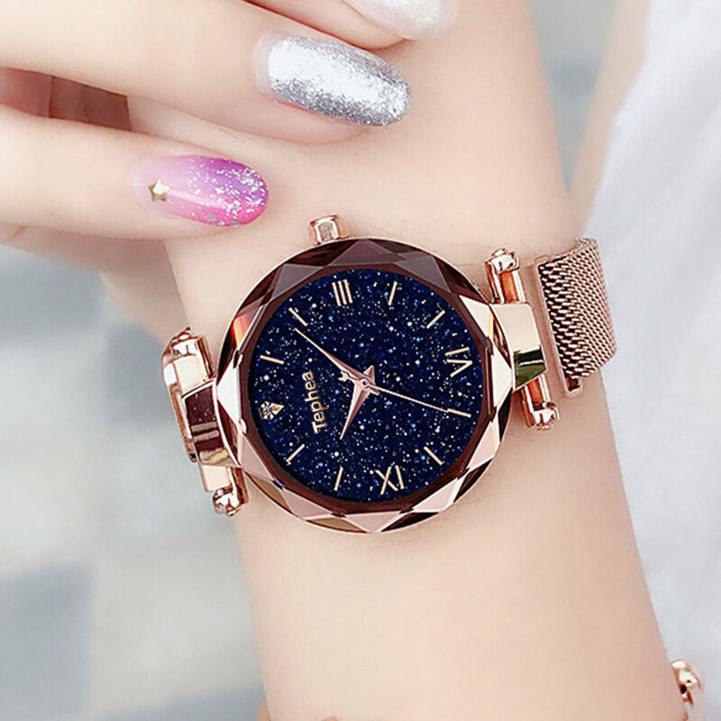 Relógios femininos luxuosos, relógios magnéticos de céu estrelado de quartzo, relógios de pulso modernos para mulheres