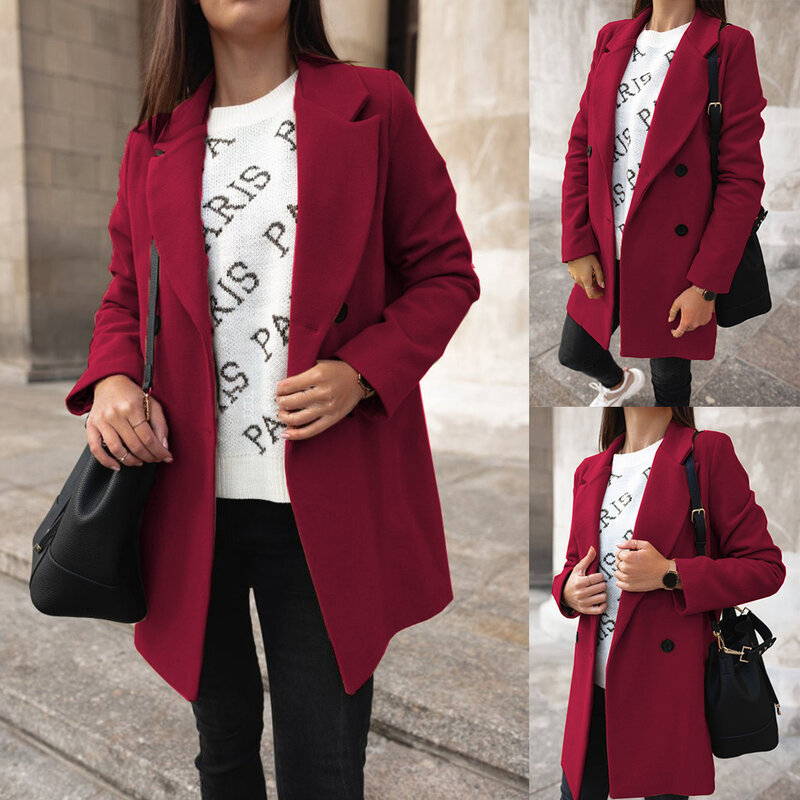 인기 상품!!! 와이드 라펠 더블 라인 버튼 따뜻한 코트 아웃웨어 여성용, 패션, 따뜻한, 단색, 가을 겨울