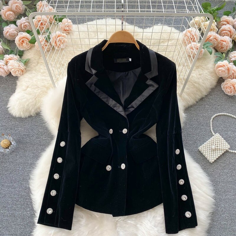 Chaqueta de terciopelo negro Vintage para mujer, traje de invierno con doble botonadura, manga larga, Blazer ajustado para oficina