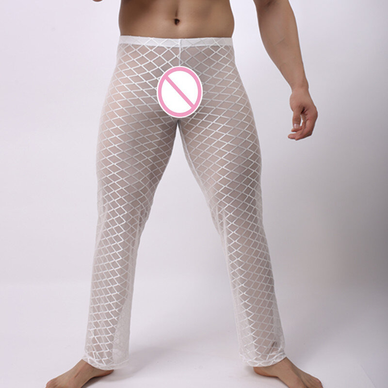 แฟชั่นกริด Fishnet เซ็กซี่ดูผ่านกางเกงเกย์ชายตลก Sheer ยาว Pajama กางเกงนอนสบายสบาย