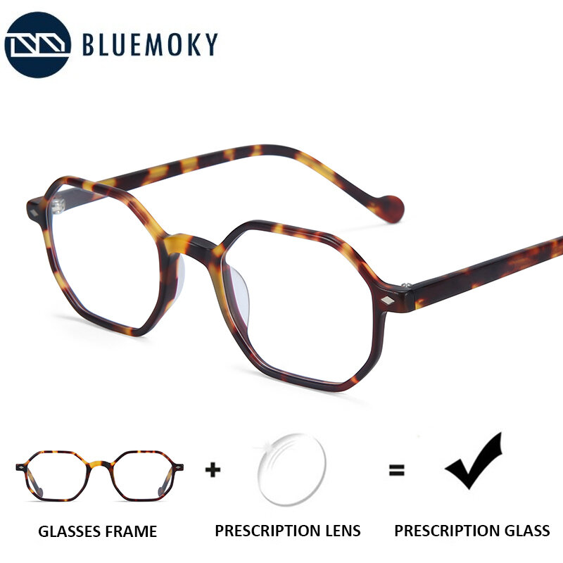 Bluemoky retro acetato polígono prescrição óculos quadro óptica miopia óculos anti azul ray photochromic computador eyewear