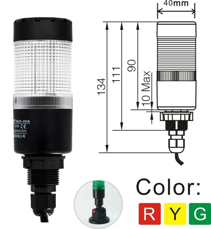 Elewind 40mm ryg três luz da torre do sinal da cor com buzzer incontínuo 24v a 220v disponível (YWJD-40A)
