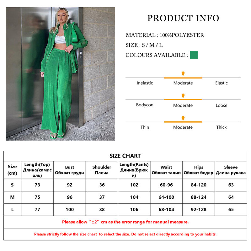 Claciveカジュアルグリーンパンツセット女性のファッション長袖blosueワイドパンツスーツでエレガントなルースプリーツ2ピースパンツセット