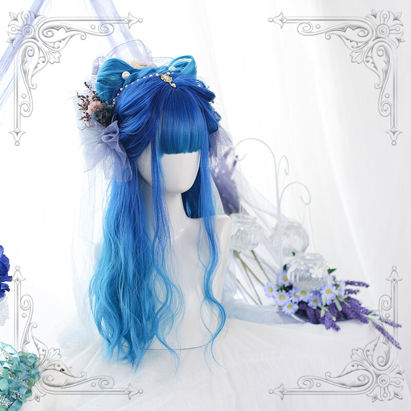 Female Long Wavy Bangs Blue Wig Hair Tail Gradual Change Of Light Color Women Natural Slight Curly Wigs Cosplay Party