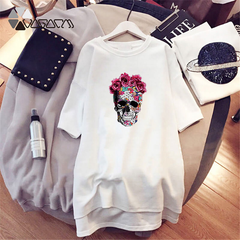 Zomer Tshirt Vrouwen Jurk Halloween Bloem Skull Print Losse Vestido Vrouwelijke Kawaii Mini Jurken Casual Korte Mouw Kleding