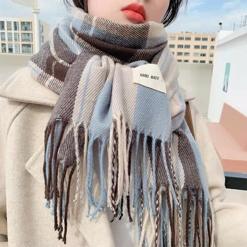 2021 kobiet szalik zimowy luksusowy projektant Plaid paszmina z kaszmiru szal Wrap gruby ciepły Tassel szaliki kobiet dzianinowy koc
