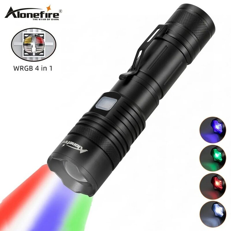 La táctica consiste zoom 4 en 1 linterna RGBW rojo verde azul blanco luz LED lámpara de caza