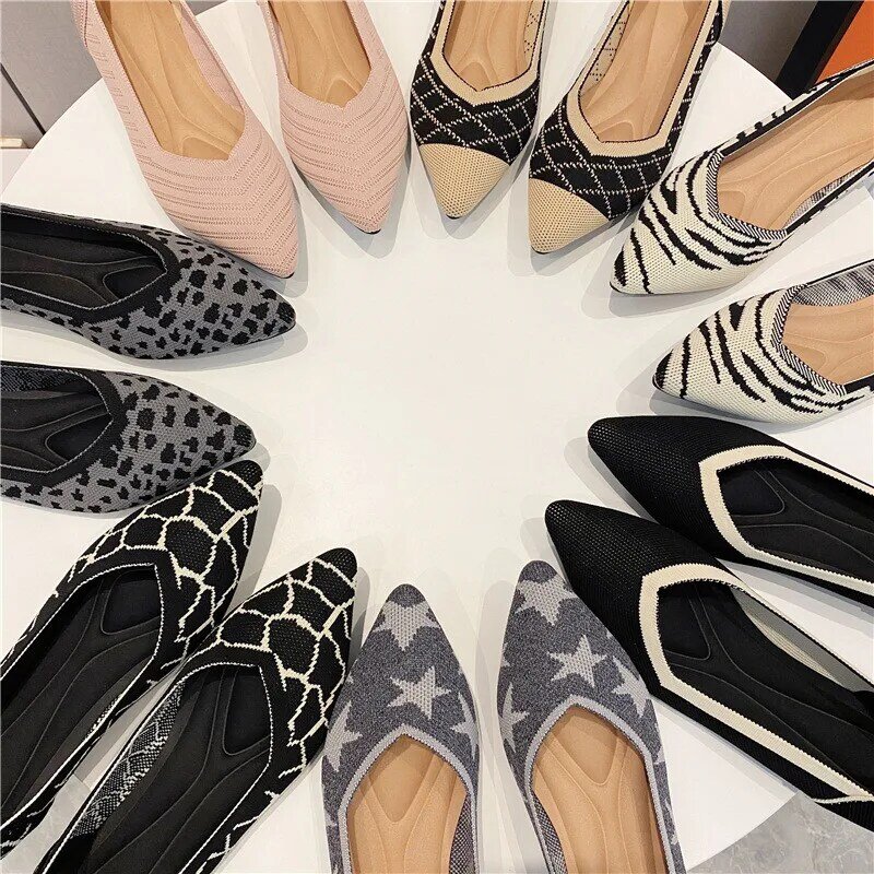 2021 Woman Knit Pointed Shoes Women's Flat Ballet Mixed Color Soft Pregnant Zapatos De Zapatillas Mujer Moccasin Chaussure Femme