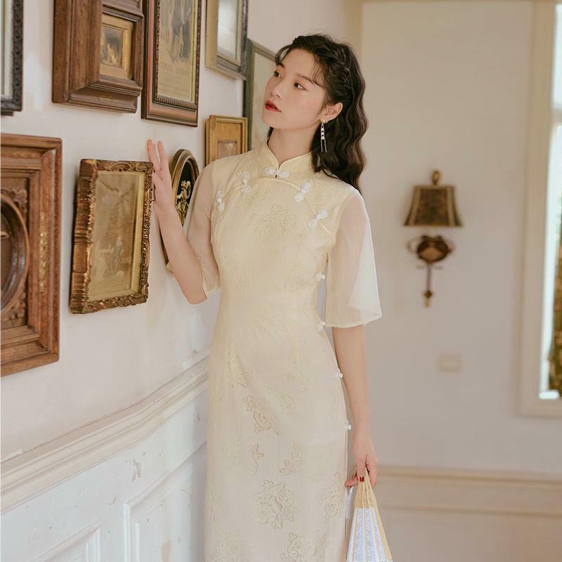 Vestido Cheongsam bordado de estilo chino para niña, vestido Cheongsam elegante para mujer china, vestido Cheongsam Qipao para boda, verano 2021