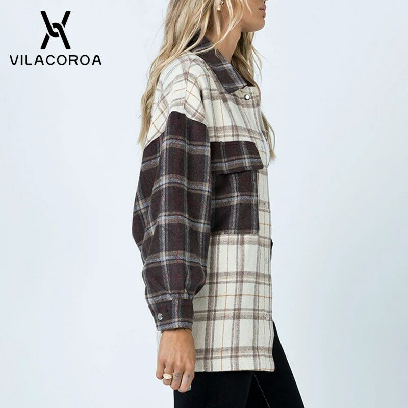 Herbst Winter Lange-Sleeve Bluse Plaid Print Vintage Strickjacke Mantel Frauen 2021 Hemd Jacke Kontrast Farbe Lose Jacke Weibliche