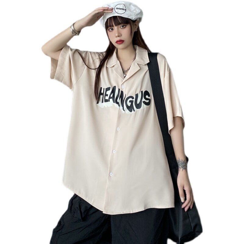 한국 2021 패션 반팔 레터 셔츠 여성용, ins 써머 여성 오버사이즈 루즈핏 일본 클래식 프린트 디지털 탑스 패션 코트