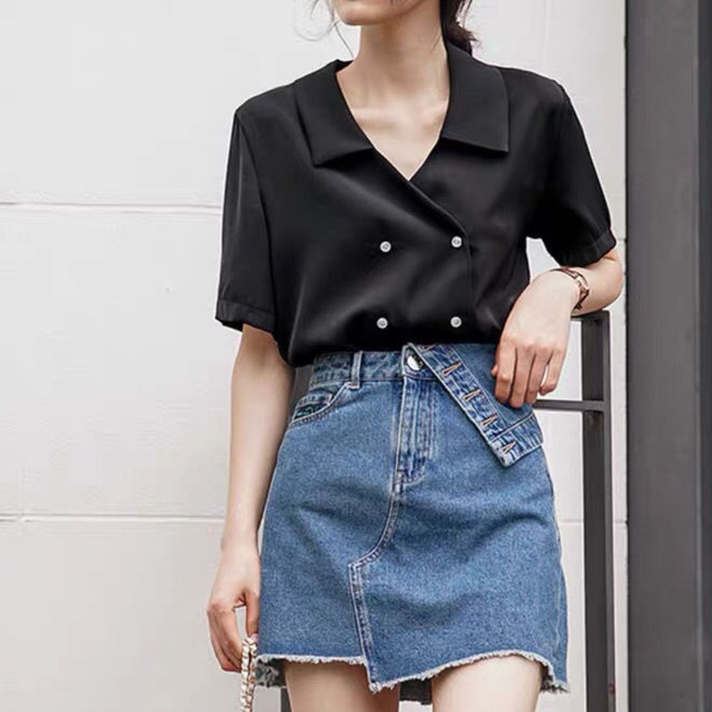 Blouses Vrouwen Solid Chiffon Lichtgewicht Zomer Office Dames Casual Alle-Match Simple Chic Mujer Double Breasted Nieuwe Hot Koop ins