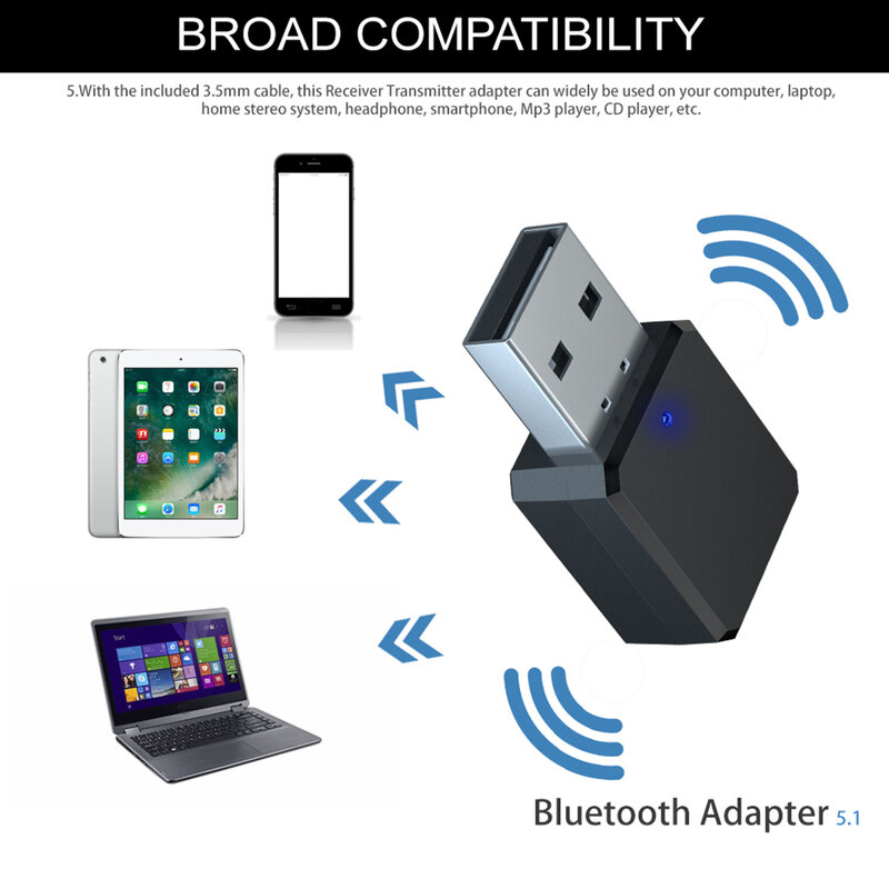 Adaptor Penerima Audio 5.1 Kompatibel dengan Bluetooth Nirkabel USB Mini Speaker Musik Panggilan Bebas Genggam Adaptor Stereo Mobil AUX 3.5Mm