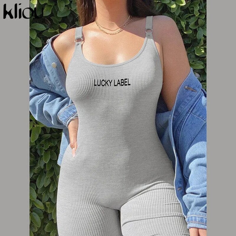 Kliou เซ็กซี่ Backless Romper ผู้หญิงแขนกุดต่ำ-คอพิมพ์ Playsuit Elastic Ribbed ผอมฤดูร้อนแฟชั่น Streetwear