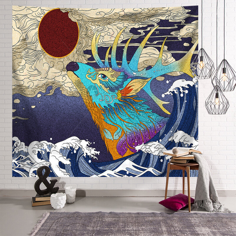 Japanese Kanagawa Waves Printed Hanging Tapestry Whale Arowana Deer Snake Totem Wall Hanging Tapestries Boho Bedspread Blanket