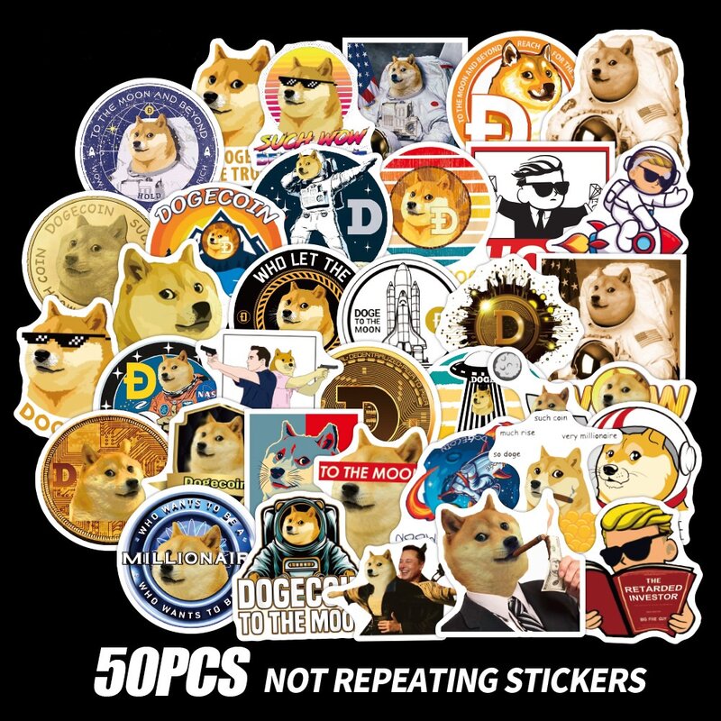 50 sztuk/zestaw Dogcoin naklejki WOW nie Repreating Doge monety naklejki wodoodporne Doge monety walizka butelka Paster