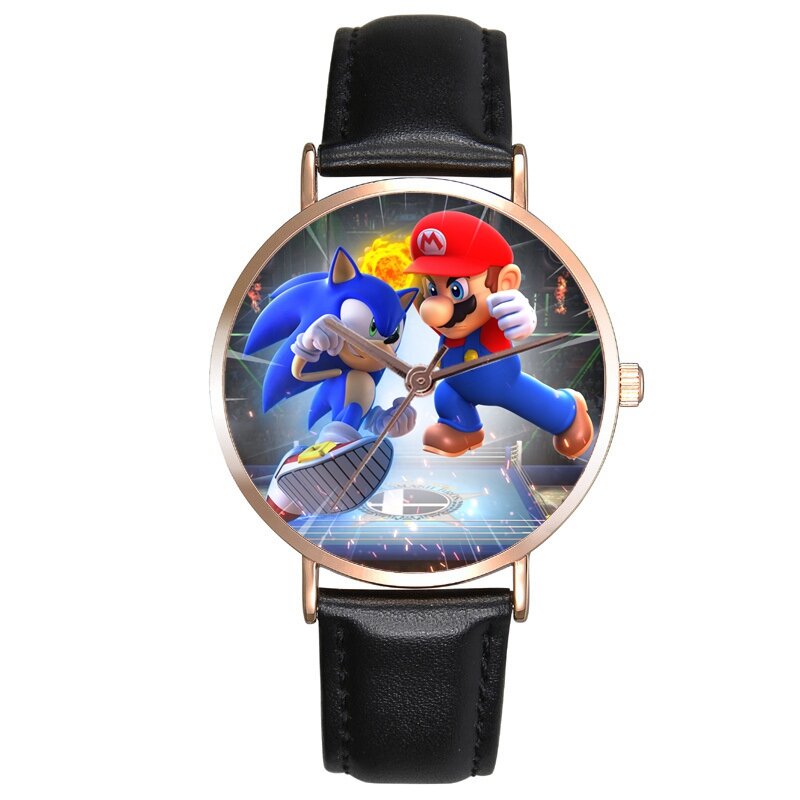 Mario super sonic relógios das crianças premium pulseira de couro quartzo relógios de pulso relógio para crianças dos desenhos animados sonic o ouriço