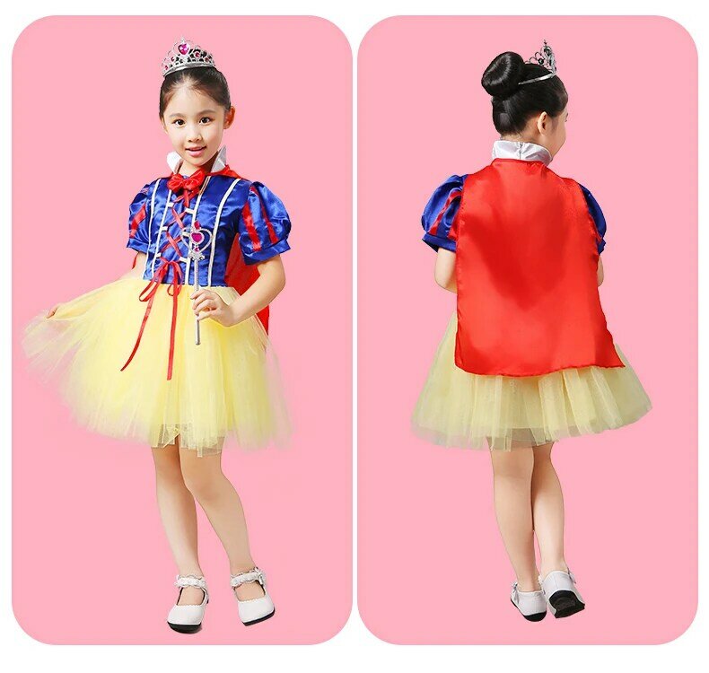 4 Layers Short Sleeve Princess Snow White Cosplay Halloween Costumes for Girls Party Outfits Children's Tulle Dress