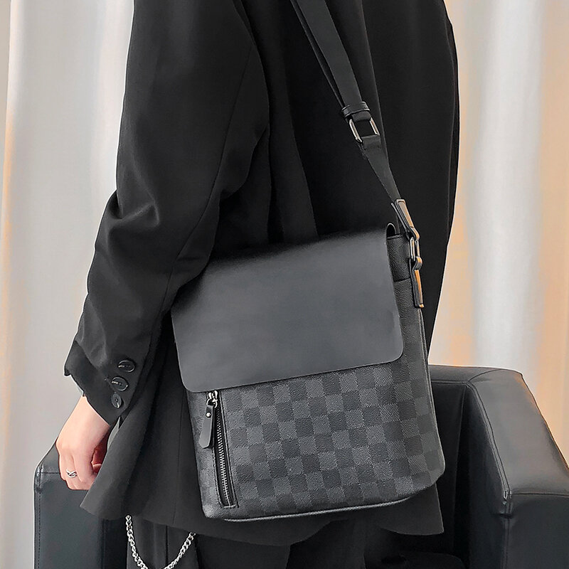 Модная дизайнерская мужская сумка через плечо в клетку, кожаная сумка-мессенджер от известного бренда, деловая дорожная сумка, трендовая му...