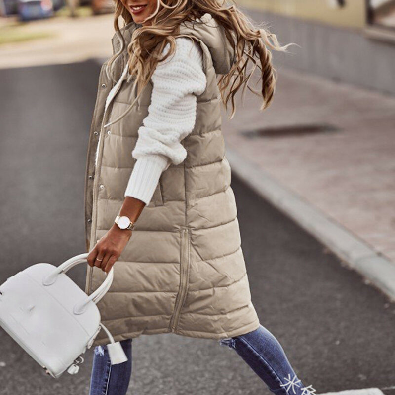 2022 Autumn And Winter Women's Long Coat Vest With Hood Sleeveless Mid-Length Women's Waistcoat With Pockets Vest Down Jacket