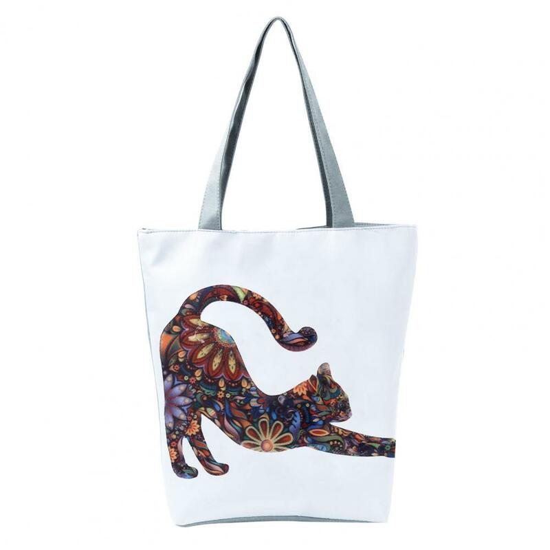 그레이트 Craftmanship 더블 핸들 숄더 가방 지퍼 민족 스타일 고양이 인쇄 일상 생활을위한 대용량 탑 핸들 가방