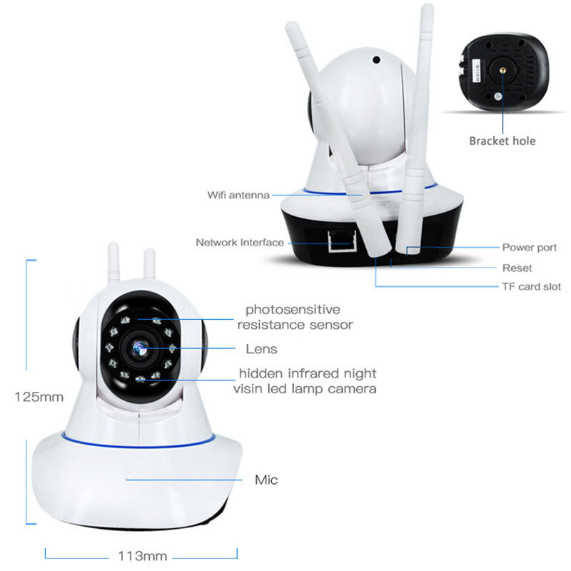 Kamera IP Wifi FHD Kamera Keamanan Rumah Monitor Bayi Video 3 Antena Kamera Pengawasan Nirkabel Versi Malam CCTV