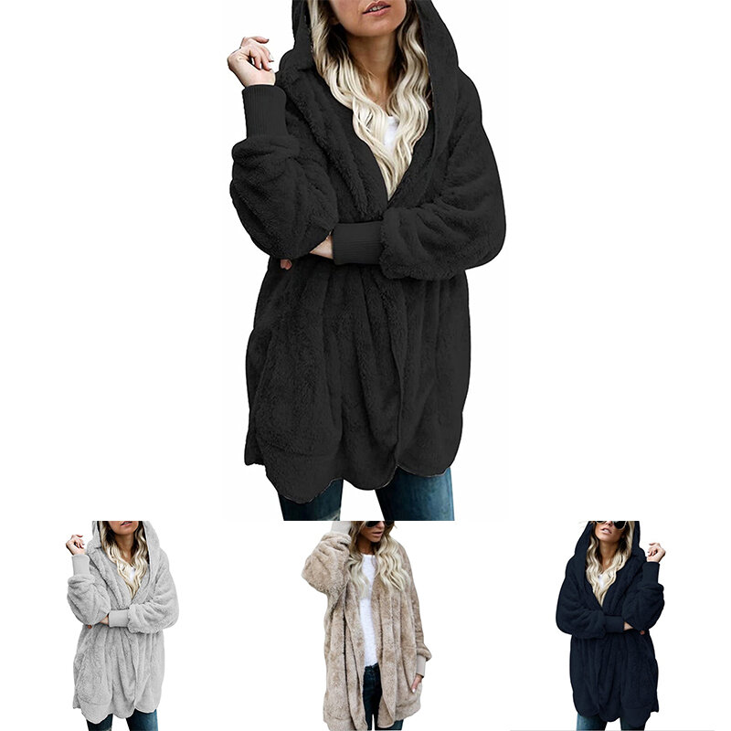 Cárdigan de piel sintética para mujer, abrigo de felpa con bolsillos, chaqueta de lana lisa con capucha frontal abierta