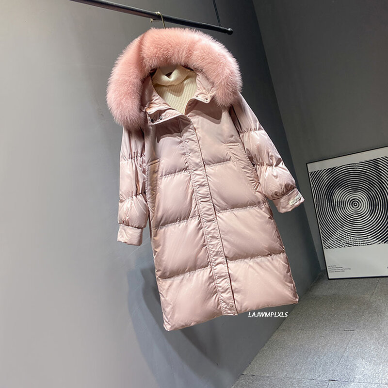 2021 grandes de invierno de piel Real con capucha chaqueta con capucha nueva mujeres 90% de pato largo abrigo cálido nieve prendas de vestir cuerno botón suelto Parkas