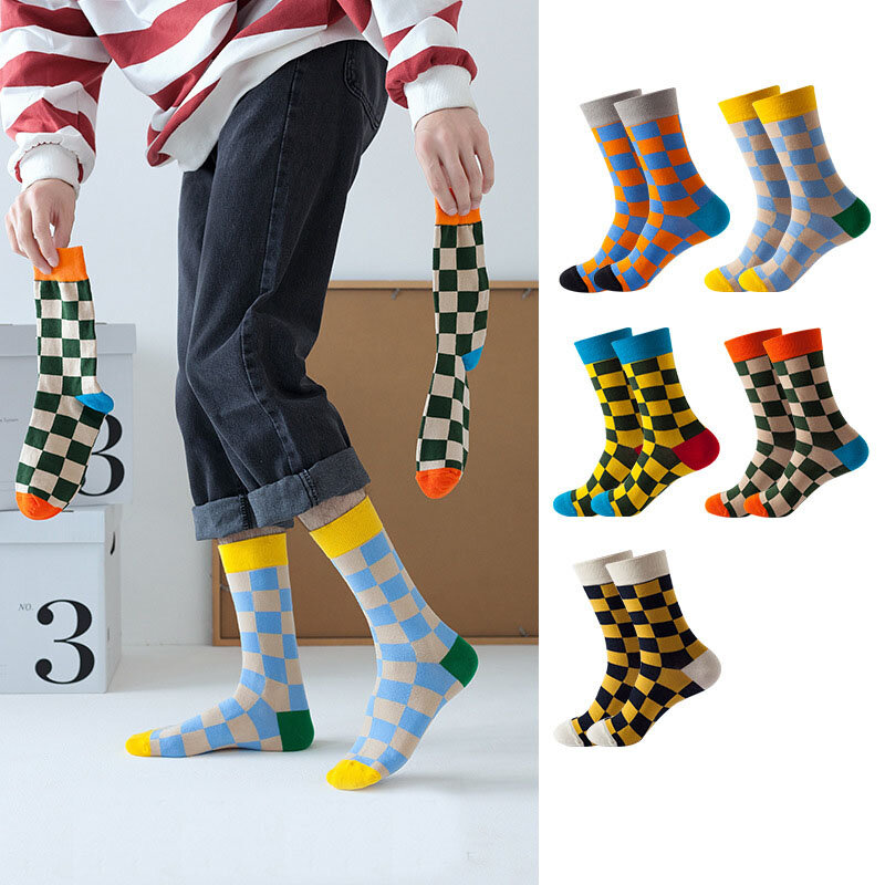 5 Pairs Happy Mens Socks Women Novelty Diamond Sock Combed Cotton Funny Men's Big Size Crew Harajuku Hip Hop Thick Long Socks