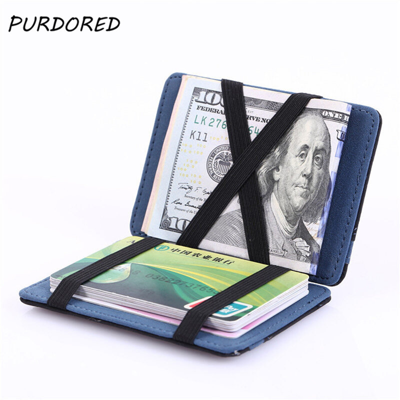 Purdored 1 PC Magic Pemegang Kartu Solid Pria Business Card Case Buatan Kulit Dompet Dompet Pria Kasual Kantong Dompet Perjalanan