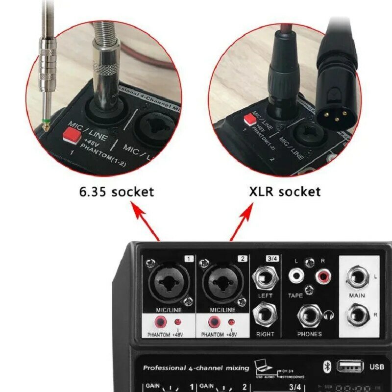 Mezclador de Audio inalámbrico con micrófono, consola de mezcla de sonido Portátil con Bluetooth, 4 canales, interfaz USB, DJ en casa, Karaoke, PC