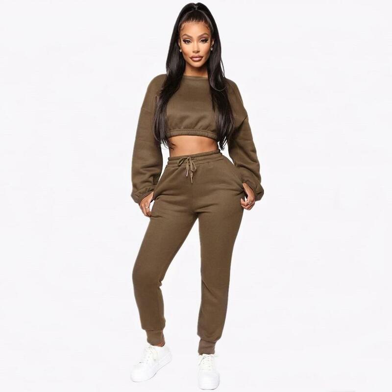 2020 New Winter Thick fleece Hoodies Tops Pants Two Piece Set Women Tracksuit Crop Top Trousers Casual Sportswear Matching Suits