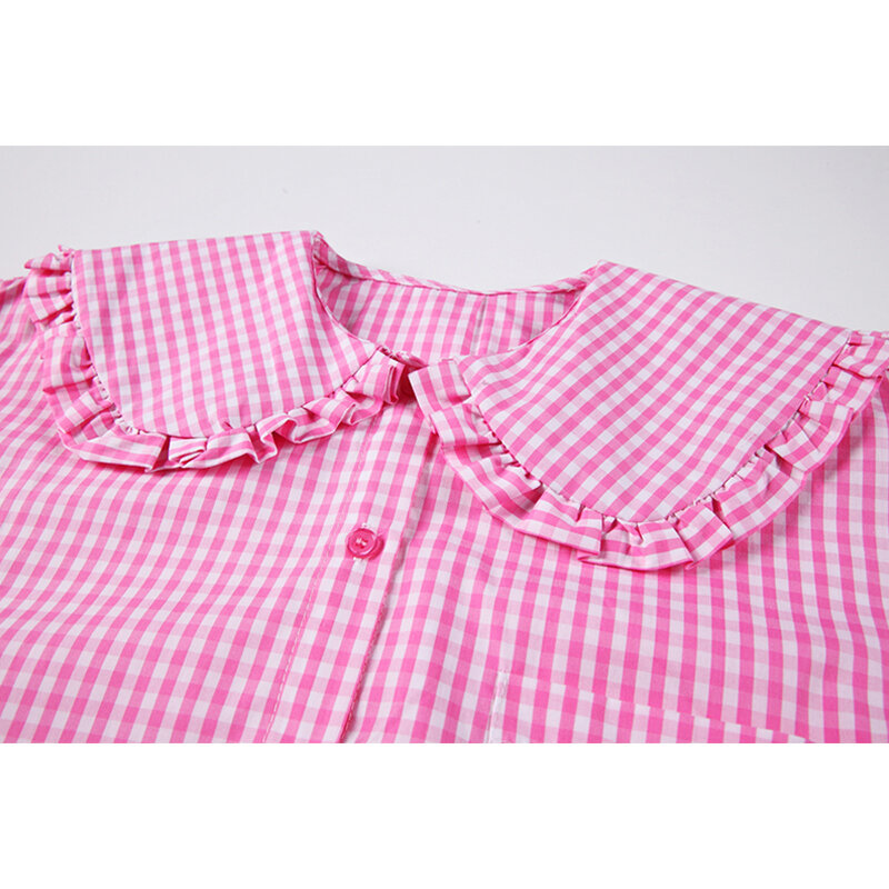 Vintage elegante rosa xadrez blusa feminina peter pan colarinho manga longa botão doce lolita camisa topos 2021 mujer blusas femme