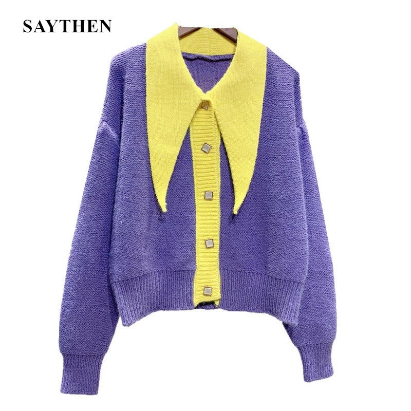 Saythen Long Sleeve Contrast Color Patchwork Knit Cardigan Sweater Women's V-neck Lapel Casual Button Jacket 2020 Autumn Winter