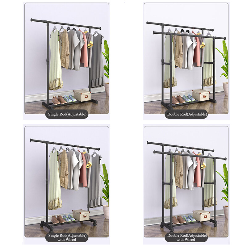 Rack de secagem para roupas com haste dupla, telescópica, móvel, rack para roupas, cabide reforçado, minimalista, rack de casaco